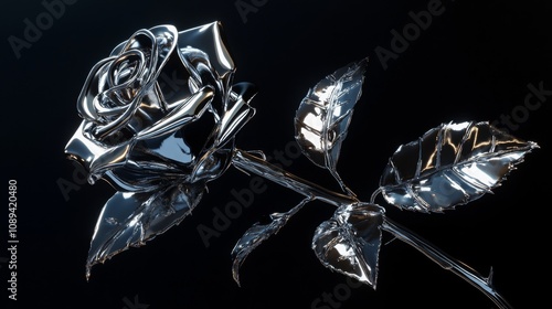 Fototapeta Naklejka Na Ścianę i Meble -  Chrome liquid metal rose flower. 3D render, modern design. Isolated holographic futuristic floral icon. Y2K, brutalism retro futurism bloom concept.