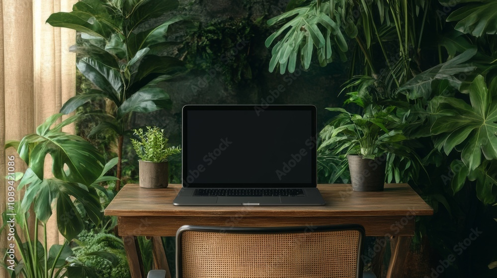 Home office setup with lush plants modern workspace stylish environment cozy viewpoint nature-inspired concept for productivity Home office setup with lush plants modern workspace stylish environment cozy viewpoint nature-inspired concept for productivity
