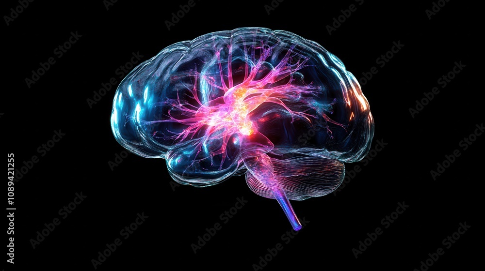 A brain with a purple and pink glow A brain with a purple and pink glow