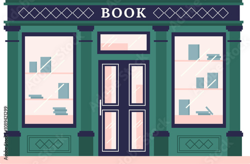Bookstore facade with large display windows showing books and novels, columns, and glass door, inviting customers inside to explore