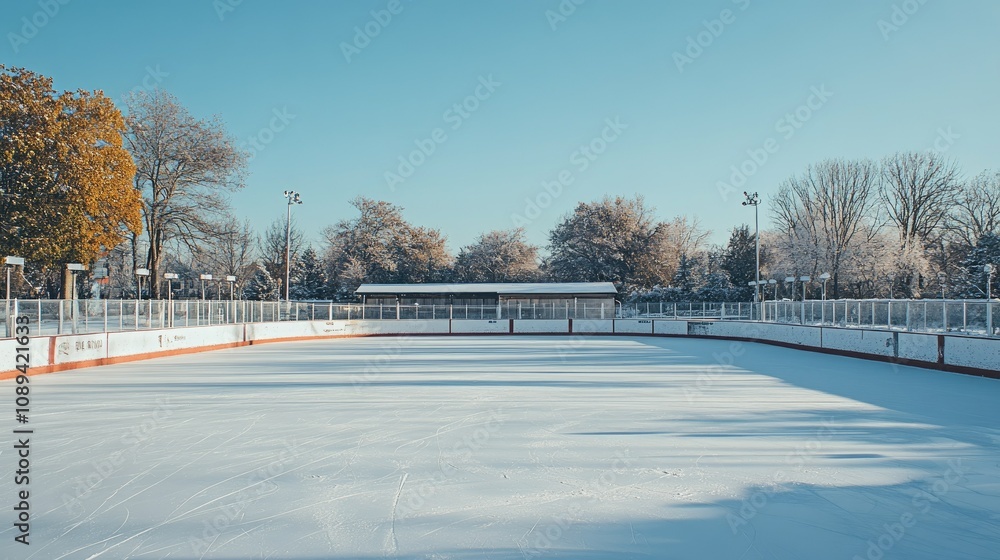 Empty outdoor rink surrounded by snowy stands, the smooth ice awaiting skaters under a clear sky. Empty outdoor rink surrounded by snowy stands, the smooth ice awaiting skaters under a clear sky.
