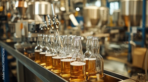 High-Quality Bottling Process for Craft Beer in a Modern Production Facility with Glass Containers and Golden Liquid Flowing from Machines