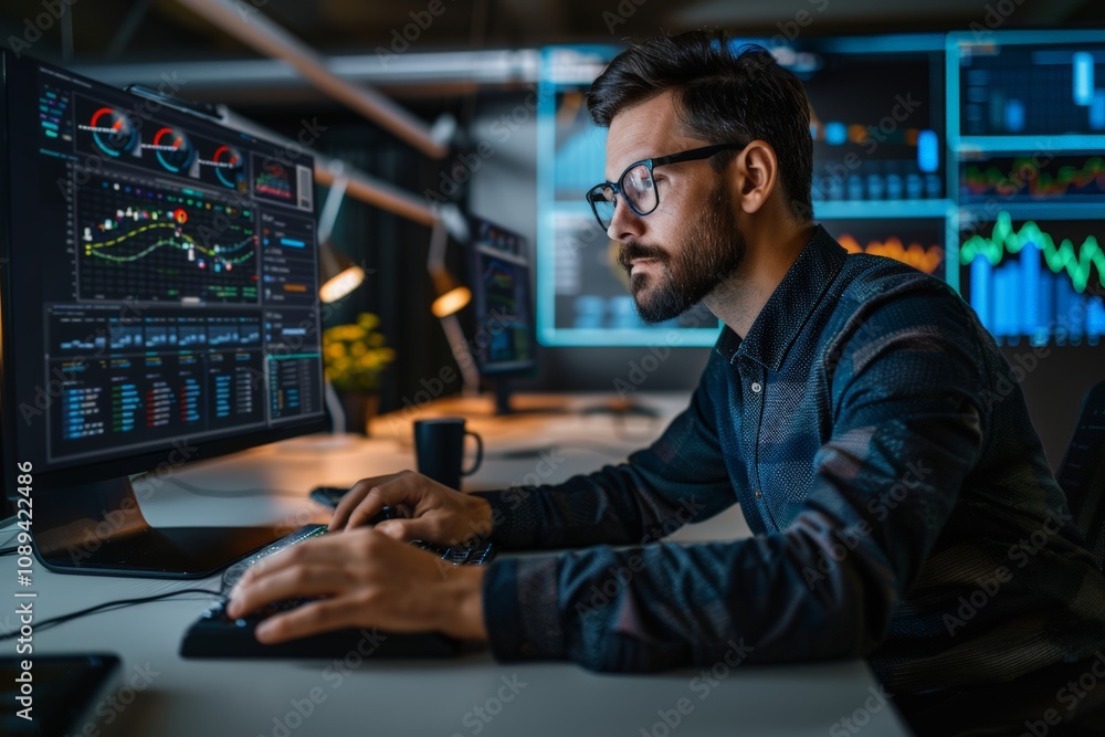 Focused male trader in mid-thirties working on desktop computer surrounded by multiple screens displaying financial market data trends. High-tech, digital trading environment, finance-driven work. Focused male trader in mid-thirties working on desktop computer surrounded by multiple screens displaying financial market data trends. High-tech, digital trading environment, finance-driven work.
