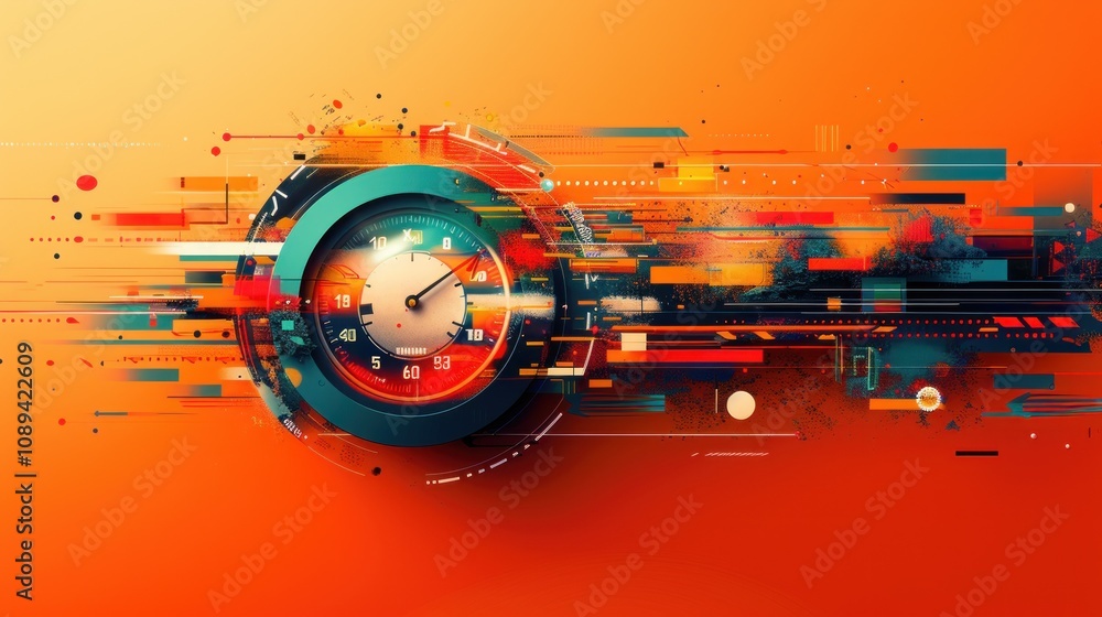 Obraz premium Abstract speedometer design with vibrant color streaks suggesting high speed and motion.