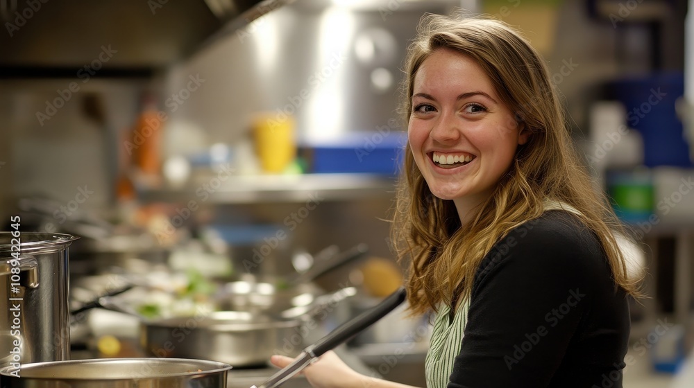 Young woman happily participates in a cooking class, learning healthy recipes for weight loss Young woman happily participates in a cooking class, learning healthy recipes for weight loss
