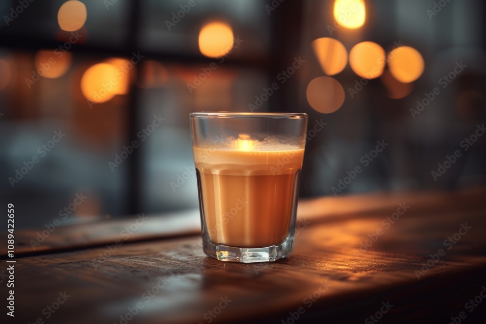 Glass of steaming coffee placed on wooden table in a cozy cafe, soft warm bokeh lights in background, rustic wood texture, relaxing evening atmosphere, simple yet inviting, warm mood, focus on drink. Glass of steaming coffee placed on wooden table in a cozy cafe, soft warm bokeh lights in background, rustic wood texture, relaxing evening atmosphere, simple yet inviting, warm mood, focus on drink.