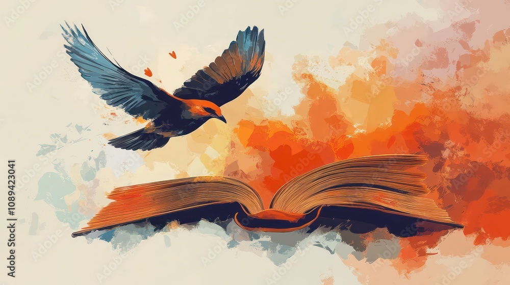 Fototapeta premium A conceptual artwork of a bird flying out of an open book, symbolizing the spread of knowledge and freedom.
