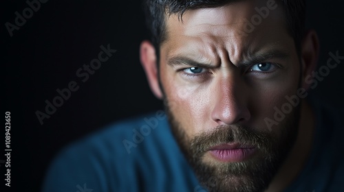 Close-up portrait of a serious bearded man with piercing blue eyes, isolated on a dark background