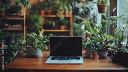 Working from home laptop on a wooden desk surrounded by indoor plants cozy workspace natural light tranquil atmosphere