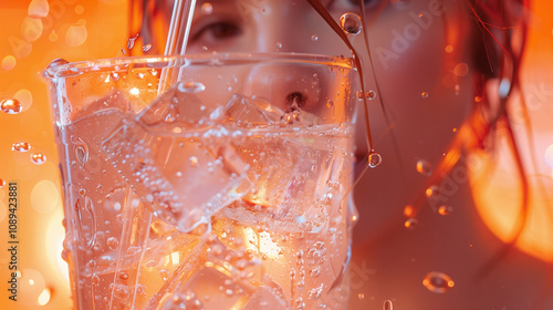 Close-up of a glass with soda and ice, held by a party girl with vibrant energy.