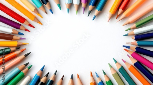 Colorful crayon pencils arranged in a circular frame around a blank area, ideal for creative projects.