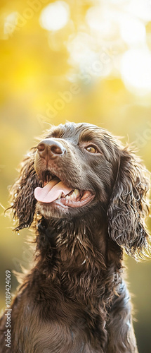 American Water Spaniel Dog Half Portrait Smiling in Close-up Shot