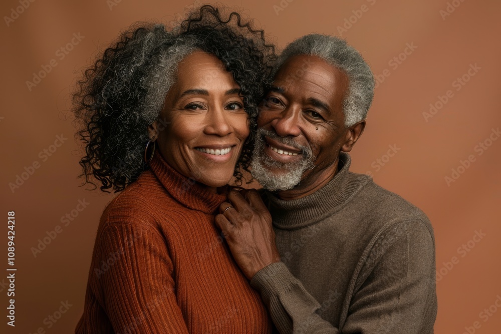 Portrait of a blissful afro-american couple in their 60s showing off a thermal merino wool top in front of soft brown background Portrait of a blissful afro-american couple in their 60s showing off a thermal merino wool top in front of soft brown background