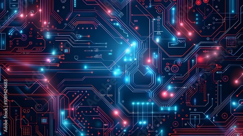 Vector abstract circuit board illustration depicting high-tech computer, engineering, science, and information technology elements on a dark blue background. 