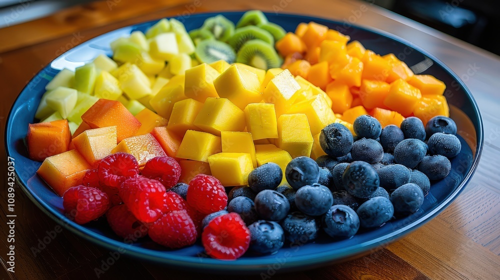 Vibrant fruit platter featuring variety of fresh, colorful fruits including mango, blueberries, raspberries, kiwi, melon, fruits are neatly arranged on blue plate, creating visually stunning display.
