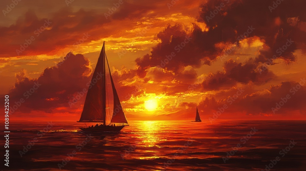 Fototapeta premium A serene sunset over calm waters with sailboats gliding across the horizon.