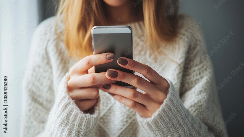 Woman using smartphone in winter sweater Woman using smartphone in winter sweater