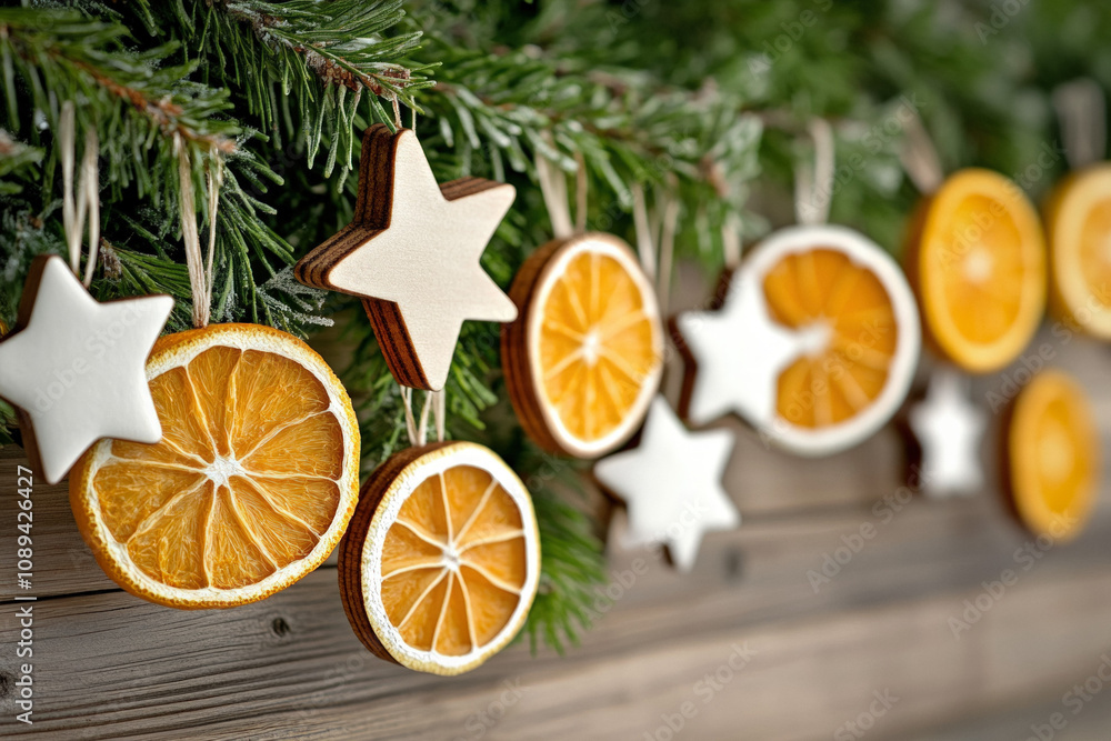 Wallpaper Illustrating A Collection Of Handmade Ornaments And Crafts, Such As Wooden Stars And Dried Orange Slices, Hanging Against A Rough Wooden Wall Wallpaper Illustrating A Collection Of Handmade Ornaments And Crafts, Such As Wooden Stars And Dried Orange Slices, Hanging Against A Rough Wooden Wall