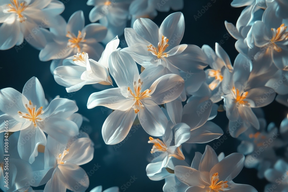 3D-rendered abstract jasmine forms against a dark backdrop. 3D-rendered abstract jasmine forms against a dark backdrop.
