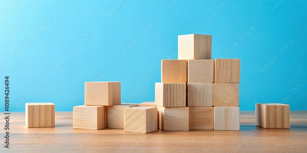 A stack of wooden blocks on a table, against a blue background, representing building a foundation and a strong base for success. A stack of wooden blocks on a table, against a blue background, representing building a foundation and a strong base for success.