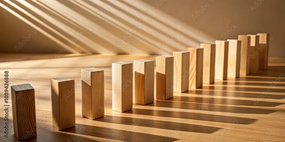 Obraz premium Wooden Blocks Aligned in Ascending Order with Sunlight Casting Long Shadows on a Wooden Surface