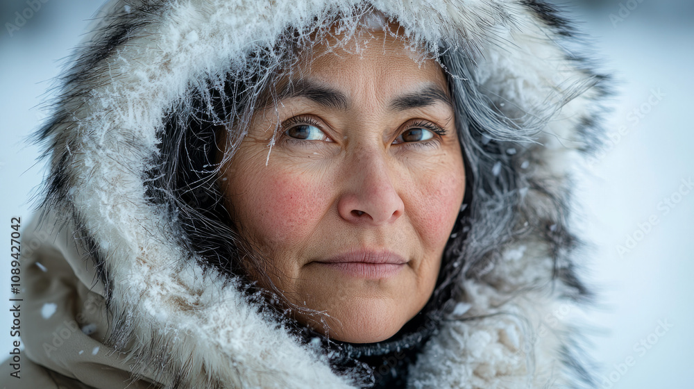 Winter portrait of a woman in a snowy landscape with a fur-lined hood Winter portrait of a woman in a snowy landscape with a fur-lined hood