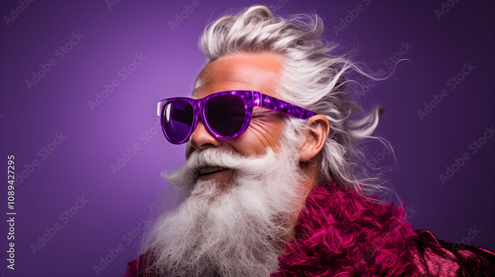Senior Man with White Beard and Purple Sunglasses on Purple Background Senior Man with White Beard and Purple Sunglasses on Purple Background