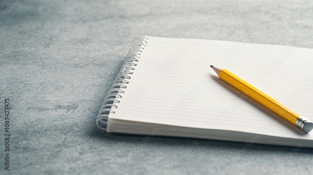 Notebook and pencil sitting on a gray surface, ready to be used for writing, drawing, or taking notes Notebook and pencil sitting on a gray surface, ready to be used for writing, drawing, or taking notes
