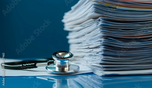 A stethoscope rests on medical documents beside a large stack of patient files on a blue surface.
