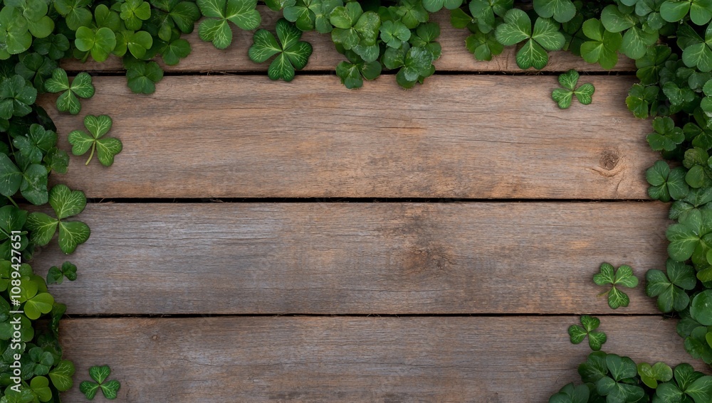 A wooden surface framed by green clover leaves. A wooden surface framed by green clover leaves.