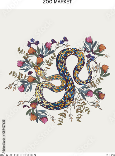 A poster of snakes and flowers on a light background, creating a vibrant and intricate design.