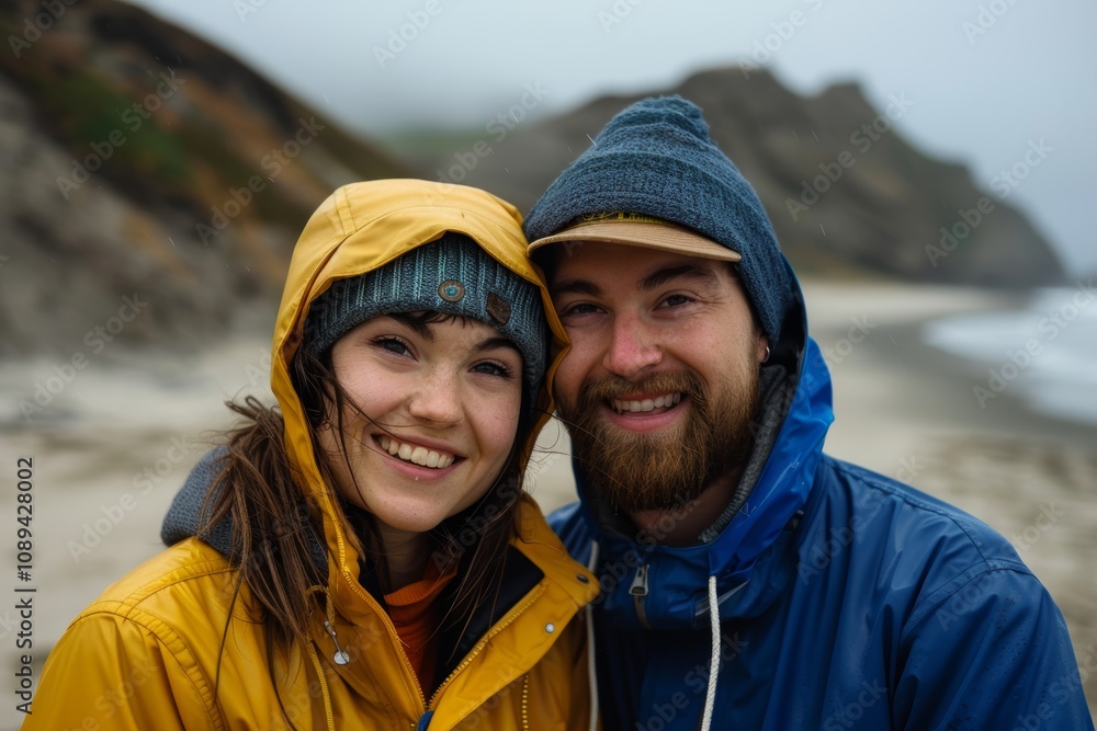 Portrait of a glad couple in their 20s sporting a waterproof rain jacket over sandy beach background Portrait of a glad couple in their 20s sporting a waterproof rain jacket over sandy beach background