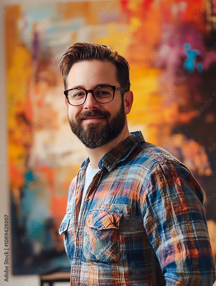Fototapeta premium Man with beard and glasses standing in front of colorful abstract artwork, smiling and looking confident.