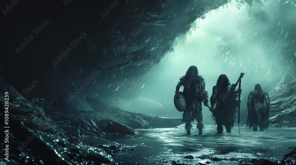 Obraz premium Cave dwellers journey through a dark, misty cavern in prehistoric times