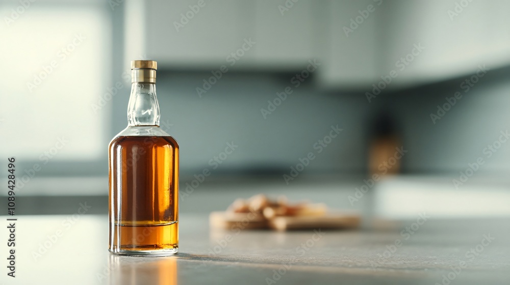 Glass bottle of golden whiskey sits on a kitchen counter with a blurry backdrop of snacks on a cutting board Glass bottle of golden whiskey sits on a kitchen counter with a blurry backdrop of snacks on a cutting board