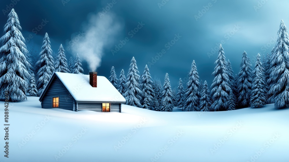 Naklejka premium Cozy cabin nestled in a snowy landscape with smoke rising from the chimney, illuminated windows amidst pine trees.