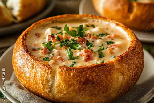 A Bowl Of Clam Chowder Serv...