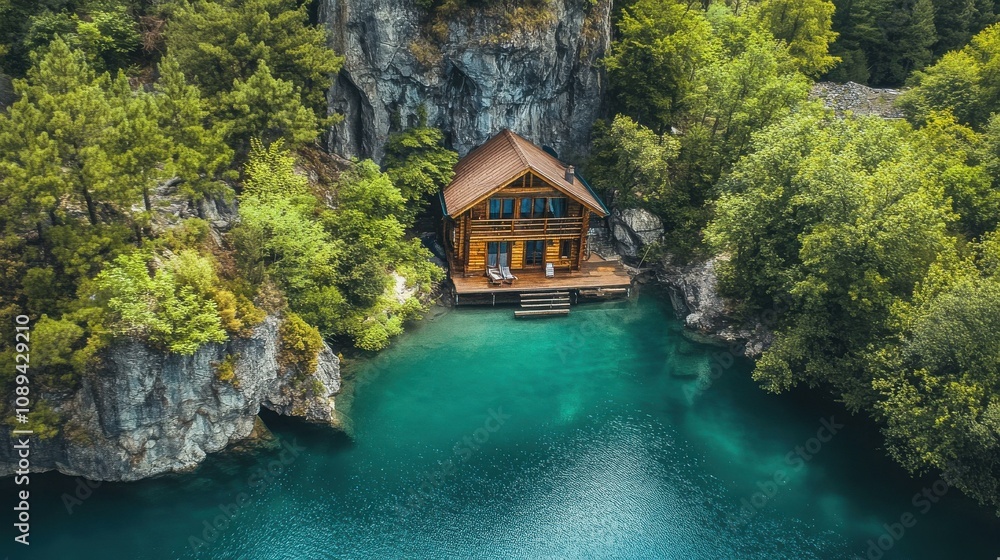 Tranquil Lakeside Wooden Cabin Surrounded by Lush Greenery and Serene Waters Tranquil Lakeside Wooden Cabin Surrounded by Lush Greenery and Serene Waters