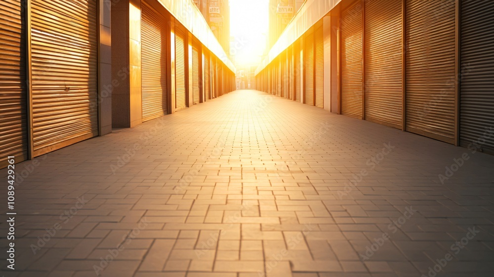 Setting sun illuminating empty paved street between closed rolling shutter doors creating tunnel effect Setting sun illuminating empty paved street between closed rolling shutter doors creating tunnel effect