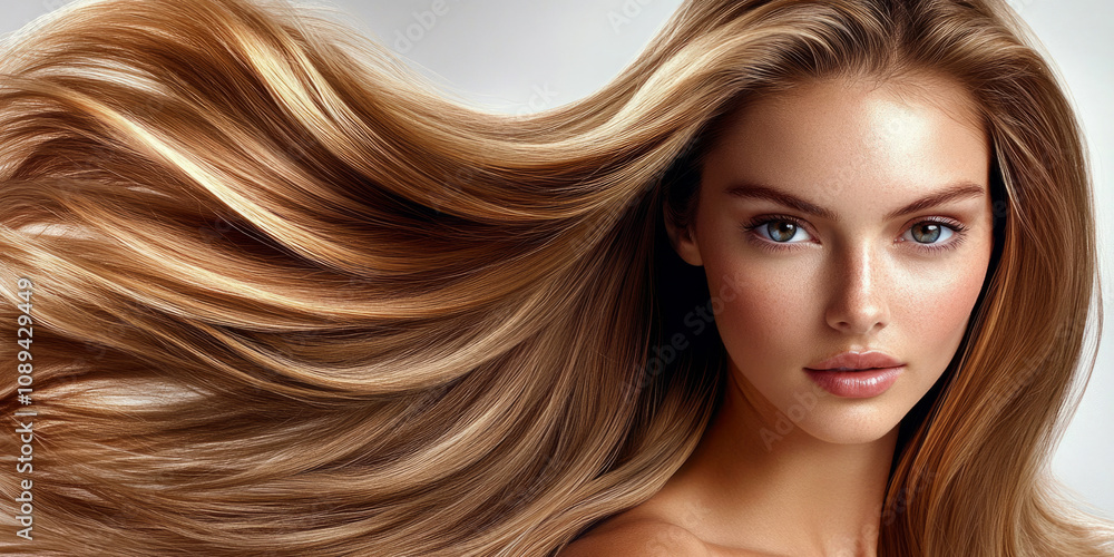 Obraz premium Beautiful woman showcasing long flowing hair against a neutral background