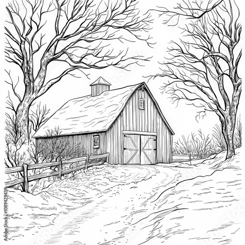 A snow-covered barn in a wi...