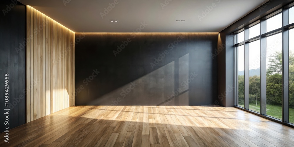 Fototapeta premium Empty room with a large window overlooking a lush green forest with a wooden wall and a dark grey wall in the background, with a light reflecting off the wooden floor.