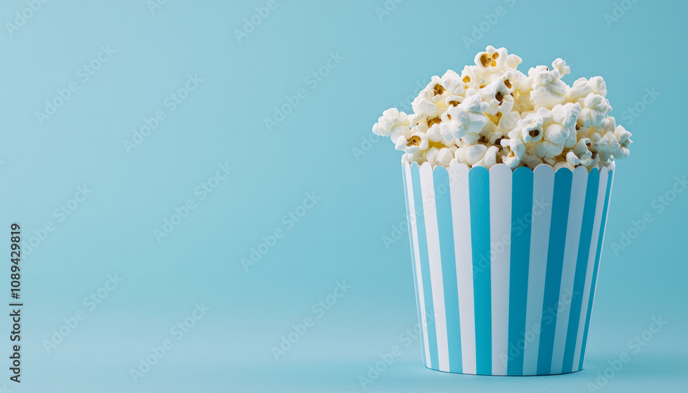 Freshly popped popcorn in a striped container against a light blue background Freshly popped popcorn in a striped container against a light blue background