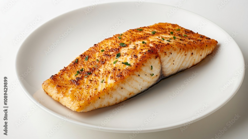 Delicious grilled halibut fillet seasoned with parsley and spices, served on a white plate, offering a healthy and flavorful meal