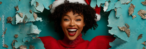 Festive Woman in Red Sweater Smiling Through Torn Paper with Glitter