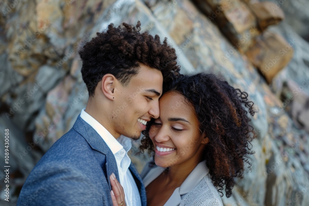 Portrait of a joyful mixed race couple in their 20s dressed in a stylish blazer while standing against rocky cliff background Portrait of a joyful mixed race couple in their 20s dressed in a stylish blazer while standing against rocky cliff background