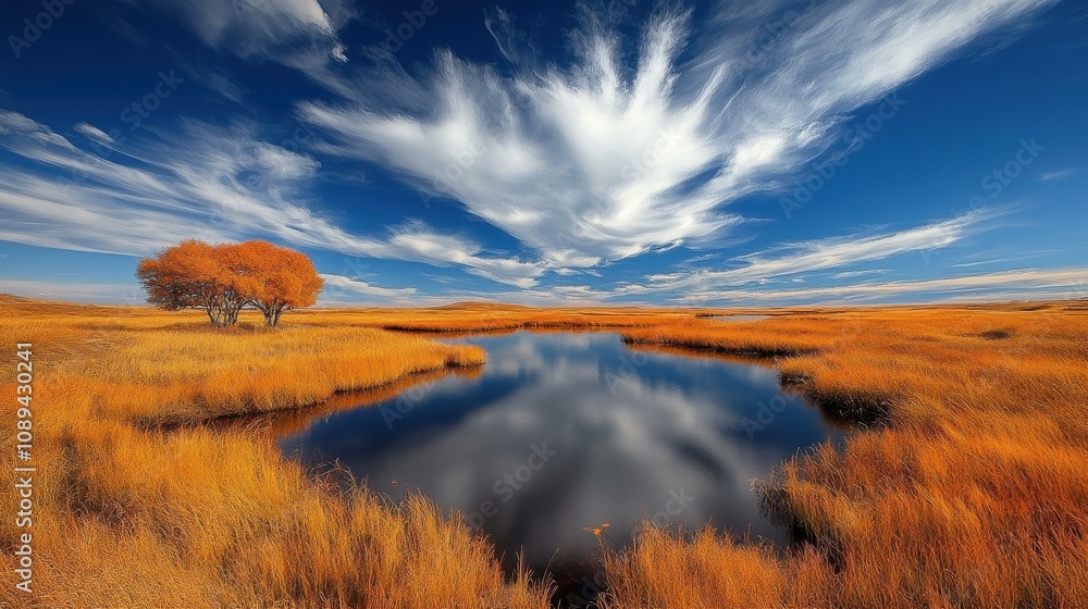 Obraz premium Breathtaking Autumn Landscape with Reflective Water and Vibrant Cloud Patterns