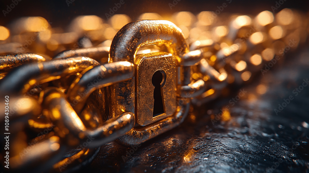 Golden lock and chain symbolizing security and protection, representing concept of blockchain technology and data safety. image evokes sense of strength and reliability