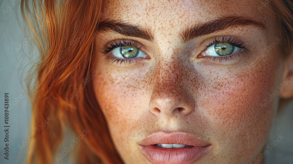 Fototapeta premium Portrait of a young woman with striking green eyes and freckles