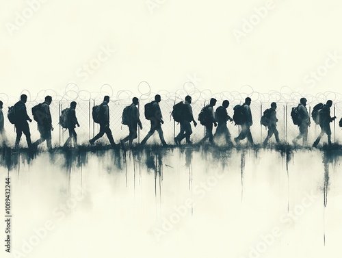 Refugees and immigrants looking for a new hope in life. Silhouette. Column of migrants. Abandon their lands for a better future. Borders